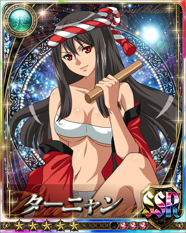10s 1girl bare_legs blush breasts card_(medium) headband japanese_clothes large_breasts nipples no_bra queen's_blade queen's_blade_rebellion red_eyes shiny shiny_skin smile solo taiko tarnyang_(queen's_blade)