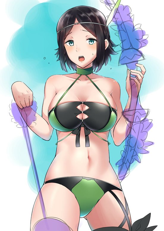 arrow bare_shoulders bikini black_hair bow_(weapon) breasts circlet cleavage commentary feathers fire_emblem fire_emblem:_kakusei fire_emblem_heroes holding holding_arrow holding_bow_(weapon) holding_weapon large_breasts mejiro navel noire_(fire_emblem) open_mouth partially_colored short_hair solo swimsuit weapon