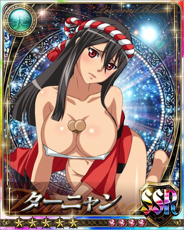 10s 1girl bare_legs blush breasts card_(medium) curvy headband japanese_clothes large_breasts nipples no_bra queen's_blade queen's_blade_rebellion red_eyes shiny shiny_skin smile solo taiko tarnyang_(queen's_blade)