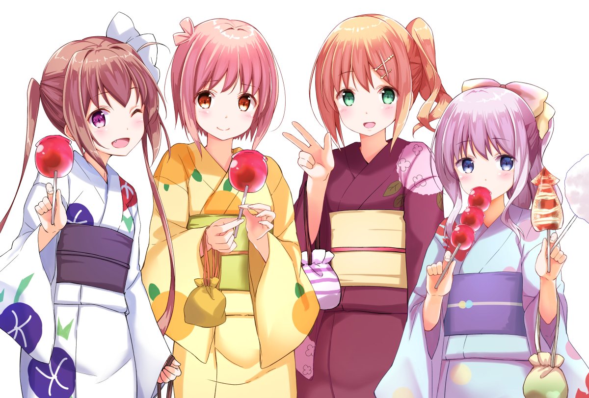 4girls :d ahoge bangs blue_eyes blue_kimono blush bow brown_hair candy_apple character_request closed_mouth commentary_request cotton_candy eyebrows_visible_through_hair fang food fried_squid green_eyes hair_bow hand_up holding japanese_clothes kimono kinchaku looking_at_viewer multiple_girls na53 obi one_eye_closed open_mouth orange_hair pink_bow pink_hair pouch purple_eyes purple_hair red_eyes red_kimono sash slow_start smile standing swimsuit twintails w white_background white_bow yellow_kimono