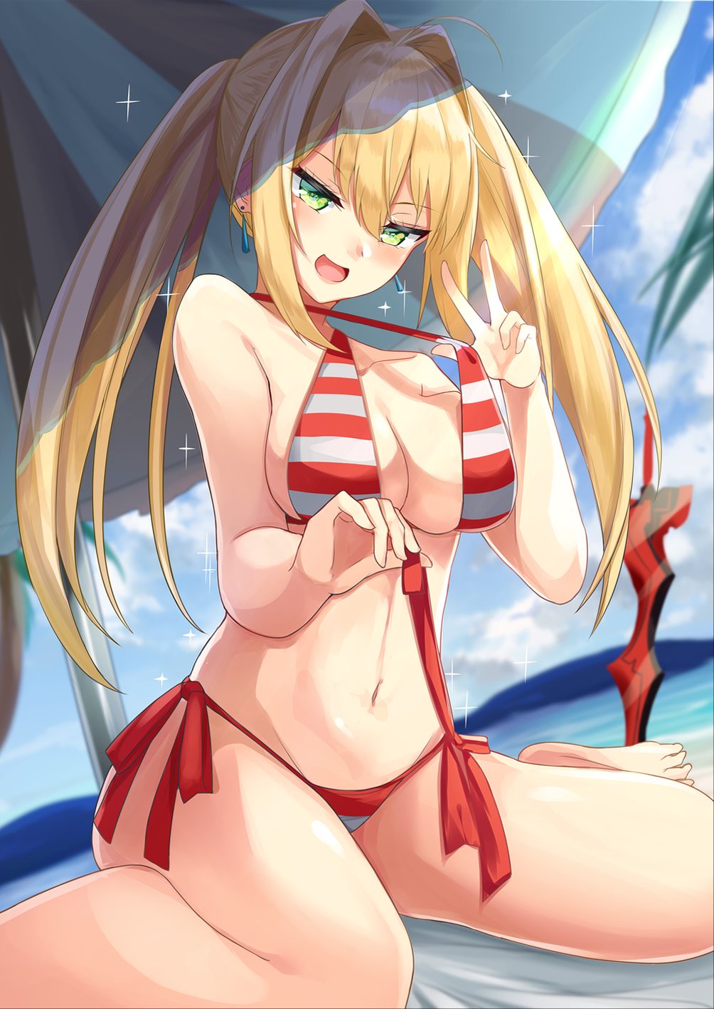 :d bangs bare_arms bare_legs bare_shoulders barefoot bikini blonde_hair blue_sky blush breasts commentary_request criss-cross_halter day earrings fate/grand_order fate_(series) green_eyes hair_between_eyes hair_intakes halterneck hand_up head_tilt highres igakusei jewelry large_breasts long_hair looking_at_viewer navel nero_claudius_(fate) nero_claudius_(fate)_(all) nero_claudius_(swimsuit_caster)_(fate) open_mouth outdoors planted_sword planted_weapon red_bikini side-tie_bikini sidelocks sitting sky smile solo sparkle stomach strap_pull striped striped_bikini swimsuit sword thighs twintails umbrella untying v-shaped_eyebrows very_long_hair w wariza weapon white_bikini