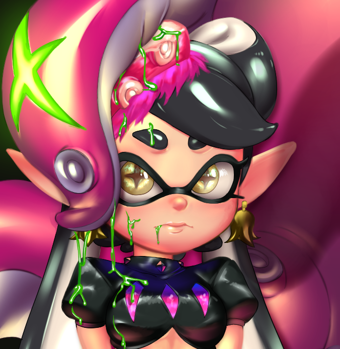 1girl alternate_costume aori_(splatoon) black_hair breasts closed_mouth crop_top earrings food food_on_head jewelry looking_at_viewer object_on_head placeholdname pointy_ears puffy_short_sleeves puffy_sleeves small_breasts solo splatoon splatoon_2 suggestive_fluid sunglasses sushi tentacle tentacle_hair upper_body