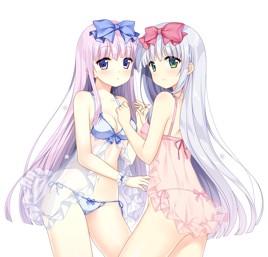 :o airi_(alice_or_alice) alice_or_alice ass babydoll bangs bare_shoulders blue_babydoll blue_bow blue_panties bow bow_panties breasts chinese_commentary cleavage closed_mouth collarbone commentary_request eyebrows_visible_through_hair fingernails flower green_eyes hair_bow hair_flower hair_ornament holding_hands interlocked_fingers long_hair medium_breasts multiple_girls official_art panties parted_lips pink_babydoll pink_panties purple_eyes purple_hair red_bow rise_(alice_or_alice) see-through side-tie_panties silver_hair small_breasts smile transparent_background underwear underwear_only verjuice very_long_hair white_flower wrist_cuffs