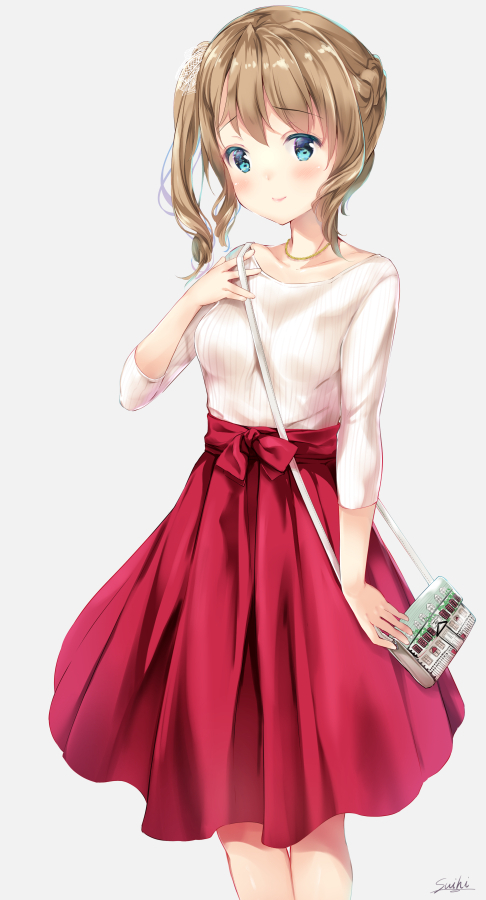 bad_id bad_pixiv_id bag banned_artist bow braid breasts brown_hair closed_mouth collarbone commentary_request grey_background hand_up handbag head_tilt long_hair long_sleeves looking_at_viewer medium_breasts original pleated_skirt red_bow red_skirt shirt shoulder_bag side_ponytail signature simple_background skirt smile solo suihi white_shirt