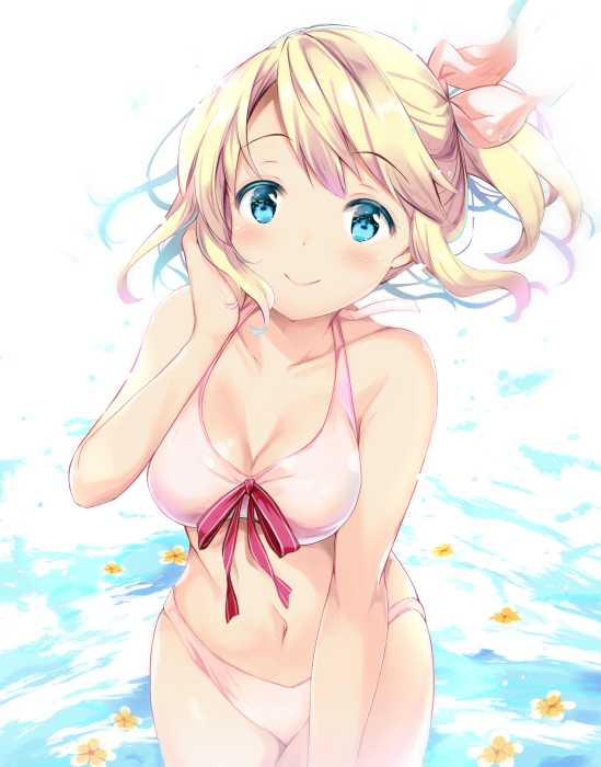 banned_artist bare_arms bare_shoulders bikini blonde_hair blue_eyes breasts cleavage collarbone commentary_request flower hair_ribbon hand_up head_tilt long_hair navel orange_flower original pink_bikini ribbon solo suihi swimsuit water water_surface white_background white_ribbon