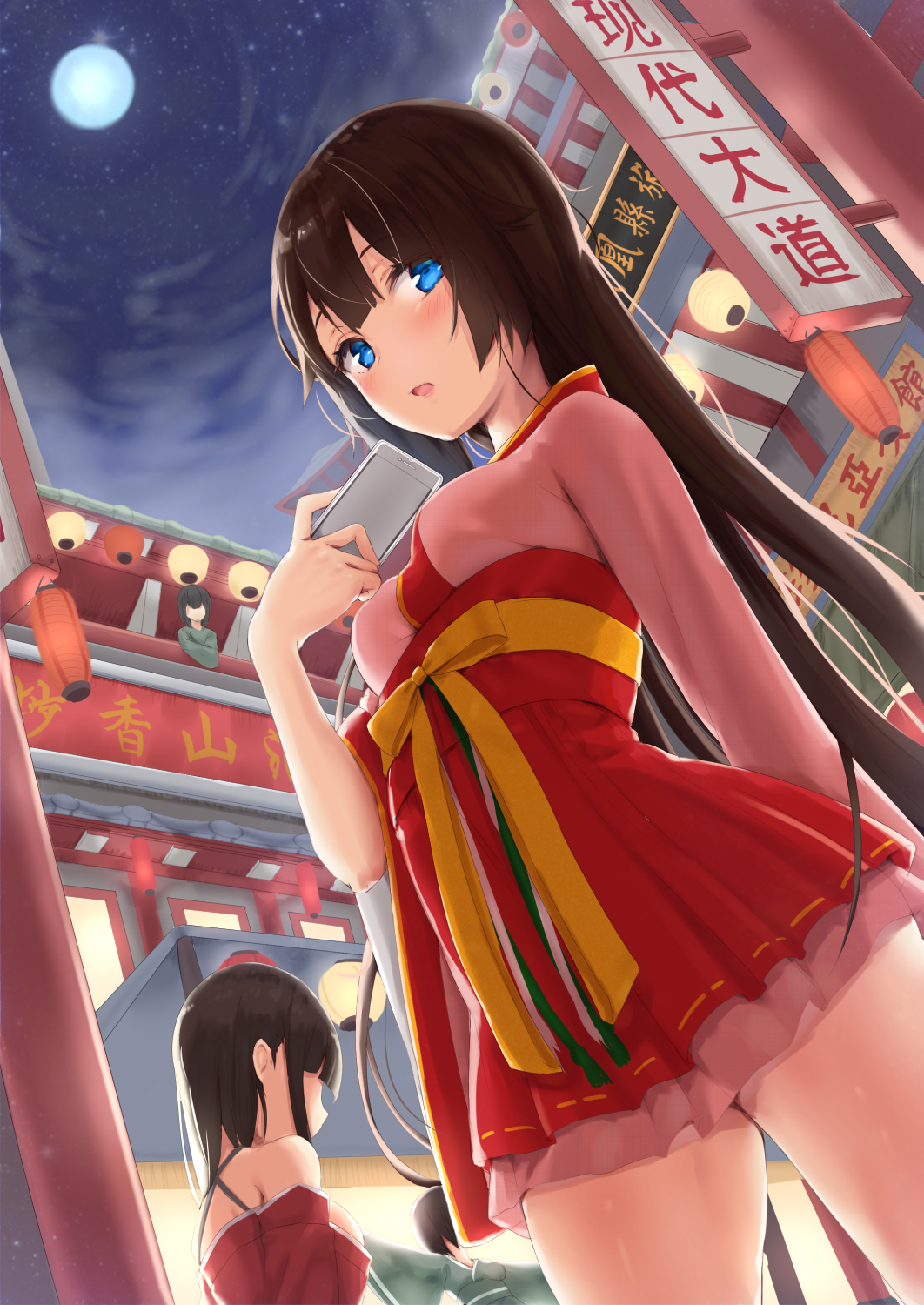 architecture arm_at_side bangs bare_shoulders blue_eyes blush breasts brown_hair building cellphone dress dutch_angle east_asian_architecture faceless faceless_female from_below full_moon hair_between_eyes highres japanese_clothes lamp long_hair looking_at_viewer medium_breasts moon multiple_girls night night_sky open_mouth original outdoors phone reinama short_dress sky small_breasts smartphone star_(sky) starry_sky thighs wide_sleeves