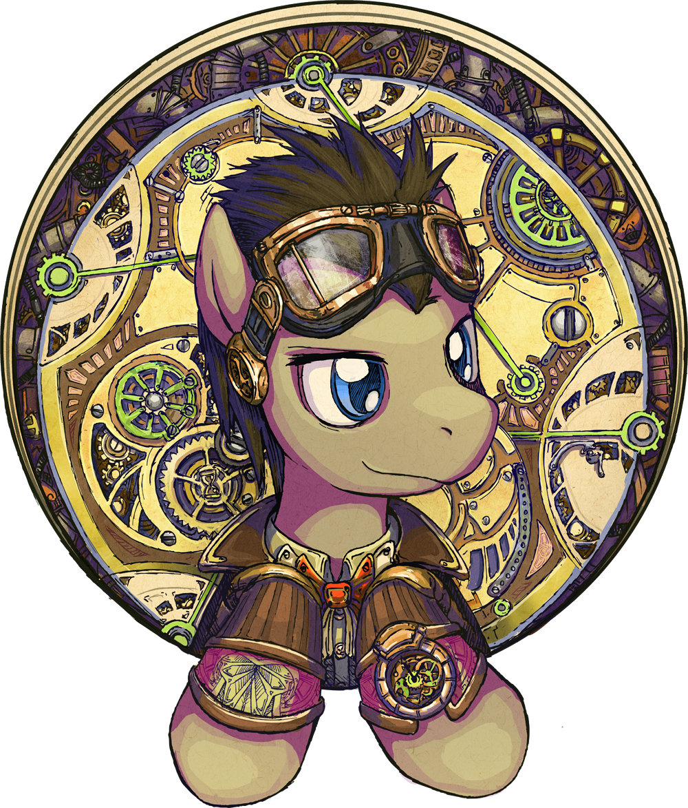 big_eyes blue_eyes bow_tie brown_hair clothed clothing doctor_whooves_(mlp) earth_pony equine eyewear feral friendship_is_magic front_view fur gears goggles goggles_on_head hair horse looking_aside male mammal my_little_pony pony saturnspace short_hair simple_background smile solo steampunk tan_fur white_background wristwatch