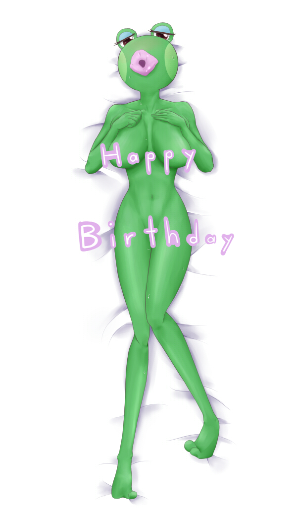 2013 4_fingers amphibian animal_crossing anthro anthrofied bed bedroom_eyes big_breasts big_lips biped bird's-eye_view black_eyes blush breasts censored collarbone creative_censorship dakimakura_design digital_drawing_(artwork) digital_media_(artwork) english_text eyelashes eyeshadow featureless_breasts featureless_feet female frog full-length_portrait green_skin half-closed_eyes hand_on_breast happy_birthday high-angle_view humanoid_hands jambette_(animal_crossing) japanese lips lipstick looking_at_viewer lying makeup namamoku navel nintendo non-mammal_breasts nude on_back on_bed open_mouth pink_lipstick portrait seductive simple_background solo sweat text video_games white_background