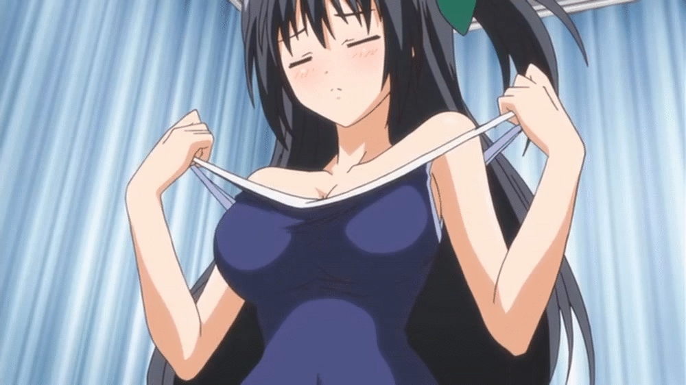 10s animated animated_gif blush bouncing_breasts breasts floating_material kirisaki_ibu large_breasts nipples swimsuit undressing