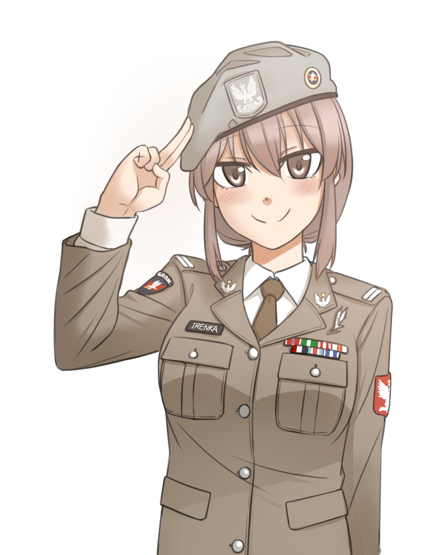 beret hat looking_at_viewer military military_uniform necktie original salute shino_(r_shughart) simple_background two-finger_salute uniform