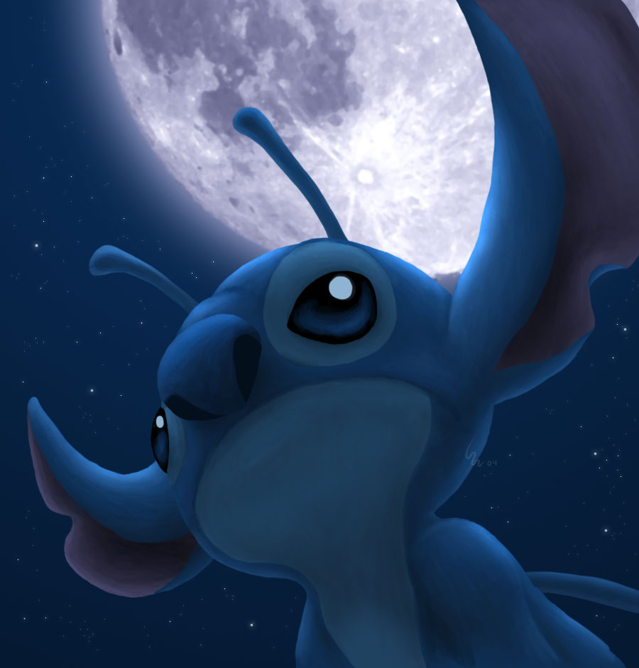 2004 alien antennae back_spines blue_body blue_eyes blue_nose digital_media_(artwork) digital_painting_(artwork) disney experiment_(species) lilo_and_stitch low-angle_view moon night night_sky notched_ear outside ribera solo stitch watermark