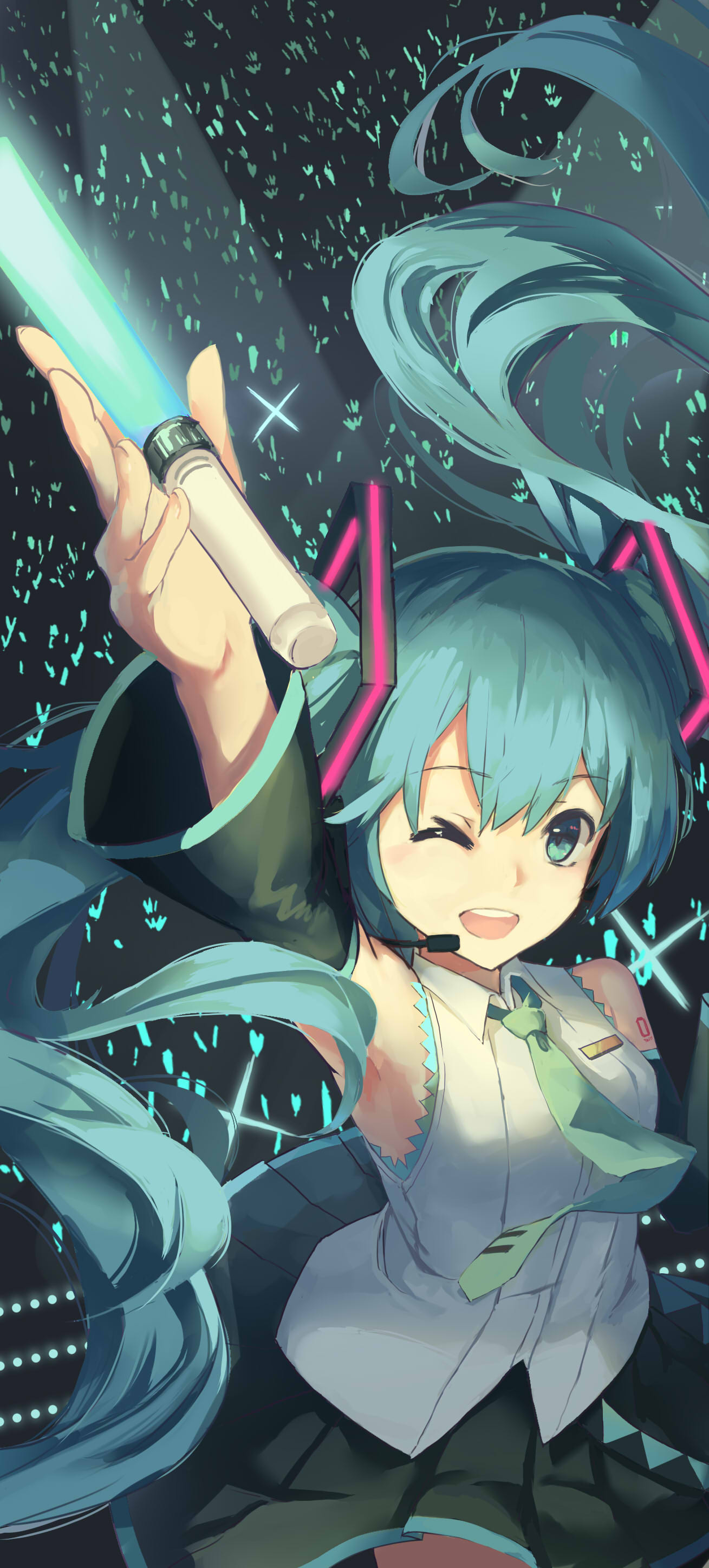 1girl absurdres aqua_eyes aqua_hair aqua_neckwear arm_up armpits blush detached_sleeves eyebrows_visible_through_hair floating_hair from_above glowing glowstick hair_between_eyes hair_ornament hands_up hankon hatsune_miku headphones headset highres holding holding_stick light_rays long_hair looking_at_viewer microphone miniskirt necktie one_eye_closed open_mouth pleated_skirt shirt shoulder_tattoo skirt skirt_lift sleeveless sleeveless_shirt smile solo sparkle spotlight stage tattoo twintails very_long_hair vocaloid wide_sleeves wing_collar