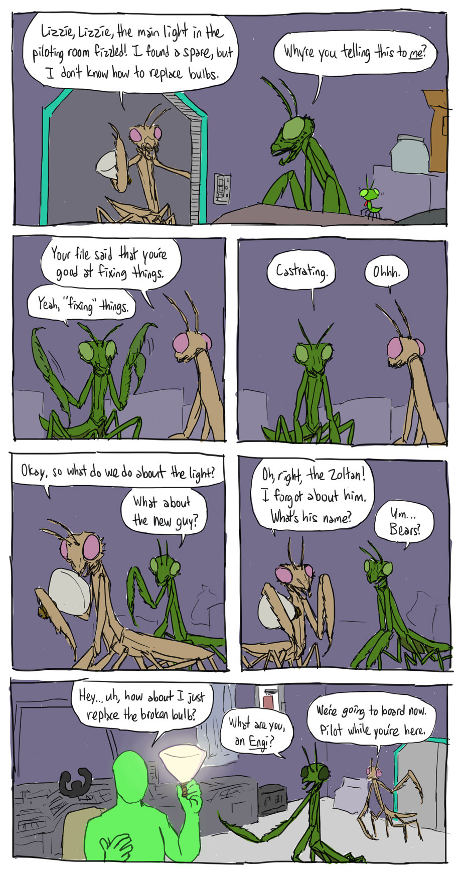 ambiguous_gender arthropod comic dialogue dirtytabs door english_text ftl:_faster_than_light humor insect male mantis text zoltan
