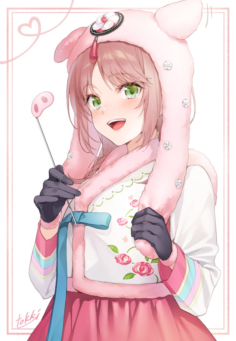 1girl :d animal_ears artist_name black_gloves border braid brown_hair commentary eyebrows_visible_through_hair floral_print fur_trim gloves green_eyes hat hat_with_ears heart long_hair looking_at_viewer open_mouth original pig_ears pig_nose pink_skirt simple_background skirt smile solo symbol_commentary tokki white_background