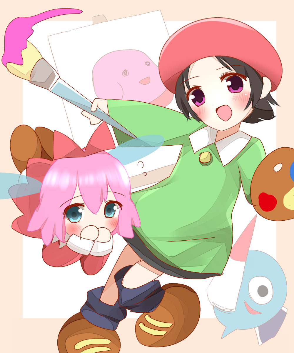 :d adeleine bangs batamon black_hair black_legwear blue_eyes blue_wings blush brown_footwear canvas_(object) collared_shirt commentary_request covering_mouth dress eyebrows_visible_through_hair fairy fairy_wings flying_sweatdrops ghost_knight_(kirby) green_shirt hair_between_eyes hat highres holding holding_paintbrush kirby:_star_allies kirby_(series) kirby_64 long_sleeves looking_at_viewer multiple_girls non_(wednesday-classic) open_mouth paintbrush parted_bangs pink_hair red_dress red_hat ribbon_(kirby) shirt shoes smile socks standing standing_on_one_leg transparent_wings wings