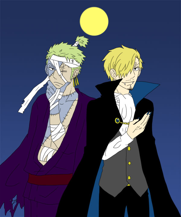 2_boys bandage blonde_hair cloaks ear_rings fangs green_hair hair_knots kimonos looking_at_viewers multiple_boys one_piece roronoa_zoro sanji scars stitches vampires zombies