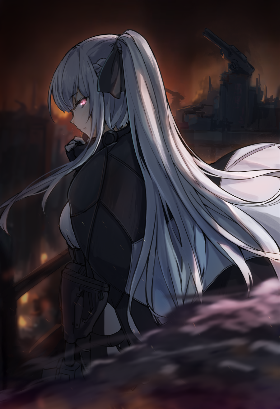 1girl ak-12 ak-12_(girls_frontline) bangs black_gloves braid cape closed_mouth eyebrows_visible_through_hair fingerless_gloves floating french_braid girls_frontline gloves glowing glowing_eye gun highres holding holding_gun holding_weapon jacket long_hair long_sleeves looking_at_viewer mag_(mag42) outdoors ponytail purple_eyes ribbon sidelocks silver_hair simple_background solo standing very_long_hair weapon