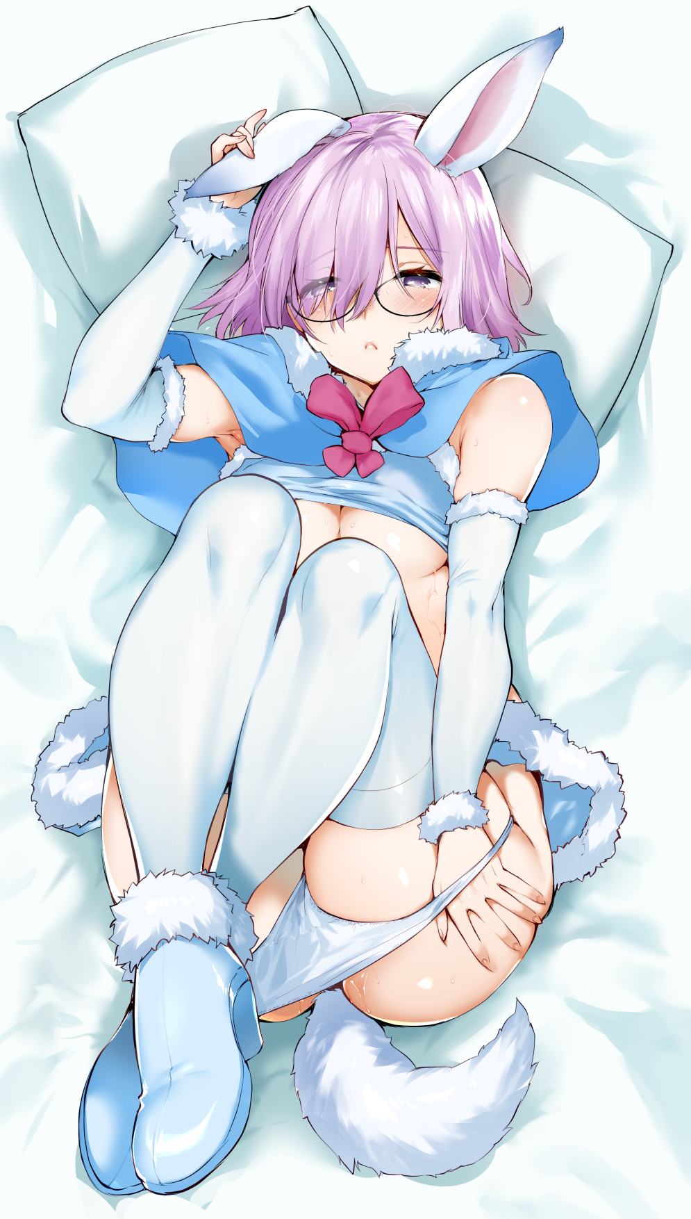 animal_ears armpits banned_artist bed_sheet black-framed_eyewear blush boots breasts bunny_ears capelet cosplay eyebrows_visible_through_hair eyes_visible_through_hair fate/grand_order fate_(series) fou_(fate/grand_order) fou_(fate/grand_order)_(cosplay) frown fur-trimmed_capelet fur-trimmed_skirt fur_trim glasses hair_over_one_eye high_heel_boots high_heels highres looking_at_viewer mash_kyrielight medium_breasts panties panty_pull pillow purple_eyes purple_hair pussy_juice shiny shiny_skin short_hair skirt solo tail thighhighs underboob underwear white_legwear white_panties yuzuha