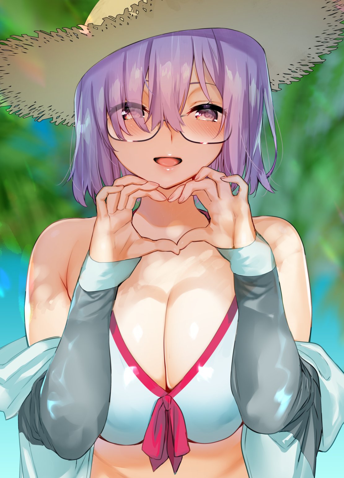 alternate_costume banned_artist bare_shoulders bikini_top black-framed_eyewear blurry blush breasts brown_eyes depth_of_field eyes_visible_through_hair fate/grand_order fate_(series) front-tie_bikini front-tie_top glasses hair_between_eyes hair_over_one_eye hat heart heart_hands highres large_breasts looking_at_viewer mash_kyrielight midriff off_shoulder open_mouth purple_hair short_hair smile solo straw_hat upper_body yuzuha