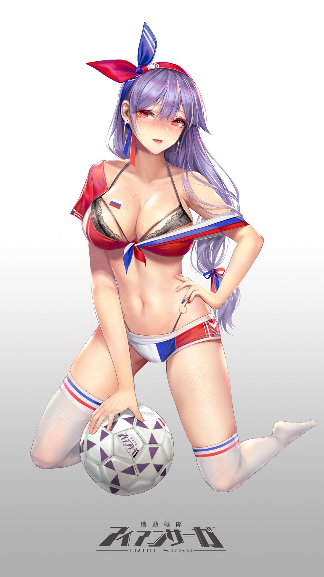 2018_fifa_world_cup amanda_(iron_saga) ball black_panties blush bra breasts cleavage commentary earrings full-face_blush highres iron_saga jewelry kneeling lace lace-trimmed_bra lipstick long_hair makeup navel o-ring o-ring_bottom o-ring_panties off_shoulder panties purple_hair red_eyes russia russian_flag short_shorts shorts soccer soccer_ball solo thighhighs underwear white_legwear world_cup zjsstc