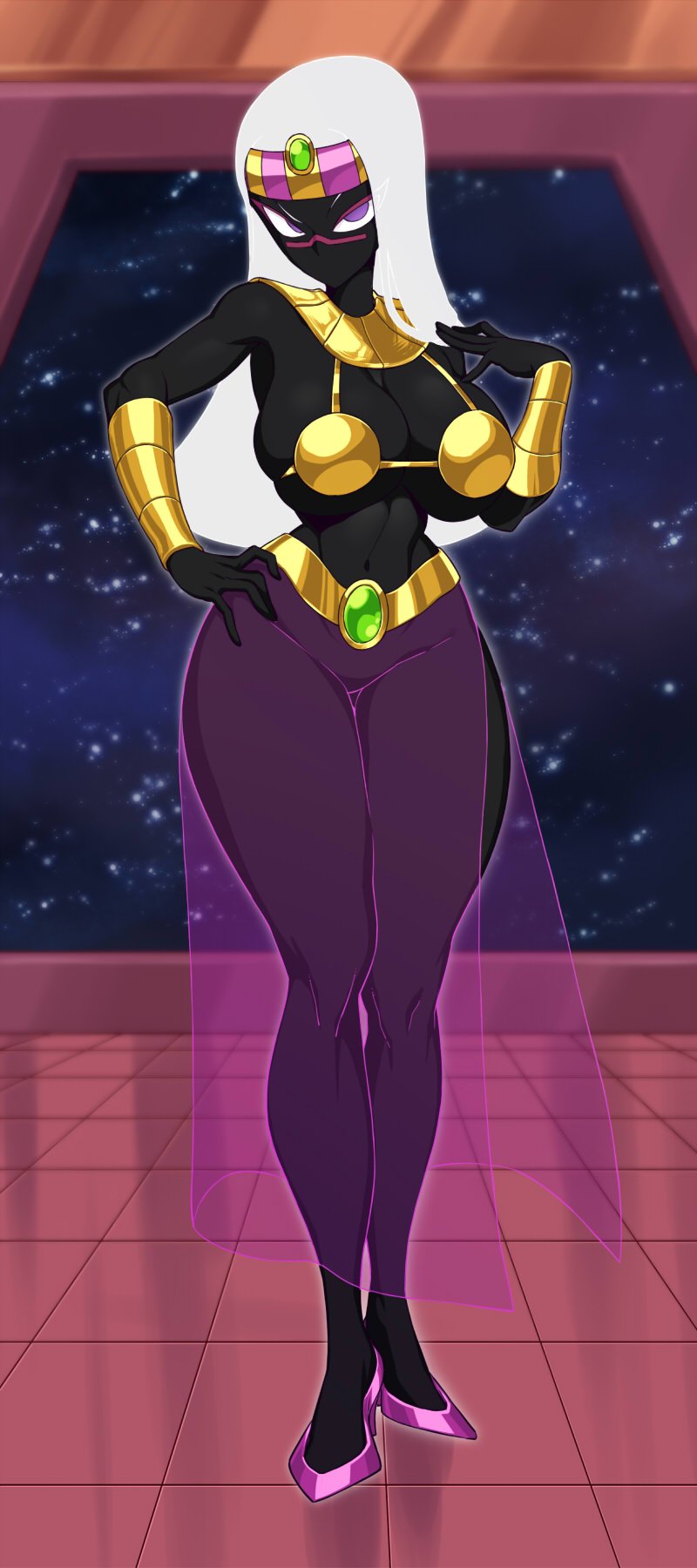 black_skin breasts circlet duck_dodgers egyptian_clothes eyeshadow full_body gold hand_on_hip hand_on_own_chest high_heels highres jewelry large_breasts long_hair looking_at_viewer makeup metal_bra necklace no_mouth purple_eyes queen_tyr'ahnee raised_eyebrow sheer_legwear solo space space_jin thick_thighs thighs vambraces white_hair wide_hips