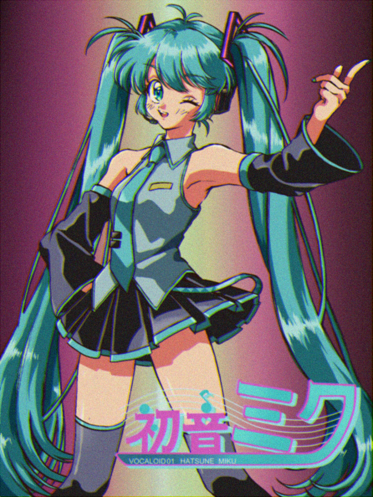 80s ;d anime_coloring bare_shoulders blue_eyes blue_hair blue_nails blush breasts character_name commentary detached_sleeves eyebrows_visible_through_hair eyelashes film_grain fingernails gradient gradient_background grey_shirt hand_on_hip hand_up hatsune_miku long_hair looking_at_viewer nail_polish necktie oldschool one_eye_closed open_mouth sabamiso_(tomatomikan) shirt simple_background skirt sleeveless sleeveless_shirt smile solo spread_legs standing thighhighs twintails upper_body vocaloid