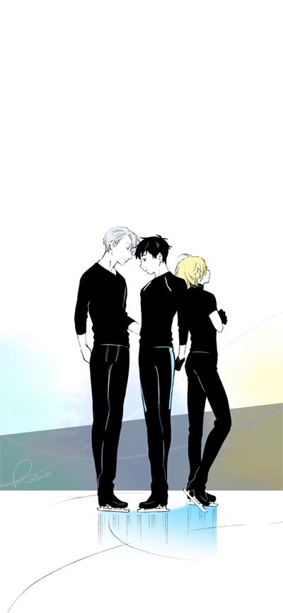 artist_name black_hair blonde_hair blue closed_eyes crossed_arms expressionless facing_away full_body gloves gradient hasu_(rinrin2525ranran) height_difference ice ice_skates katsuki_yuuri light_smile looking_down male_focus multiple_boys profile shadow short_hair simple_background skates smile spot_color standing viktor_nikiforov white_background white_hair yellow yuri!!!_on_ice yuri_plisetsky