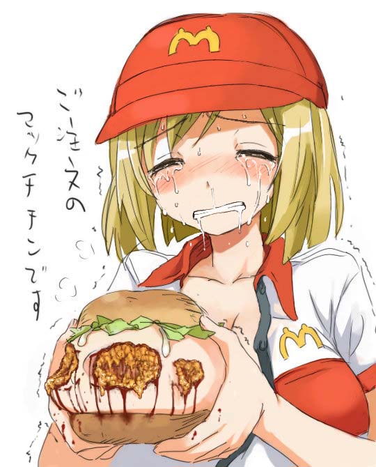 1girl 774_(nanashi) areolae bite_mark blonde_hair blood blush bread breast_grab breast_hold breast_slip breasts bruise cleavage collarbone crying eyes_closed food fruit grabbing guro gynophagia hair_bun hamburger injury large_areolae large_breasts lettuce mayonnaise mcdonald's one_breast_out open_clothes open_shirt orange_hair shirt short_hair solo stream sweat tears teeth translation_request unbuttoned unbuttoned_shirt uniform