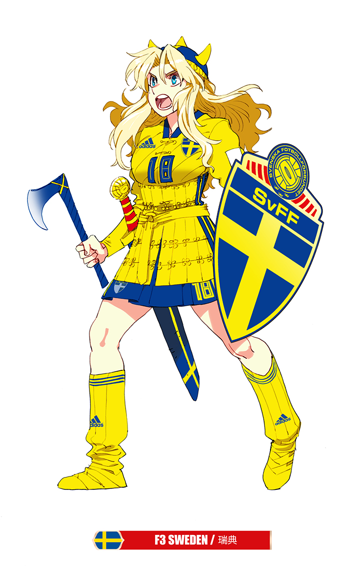 2018_fifa_world_cup adidas axe boots daibajoujisan full_body hair_between_eyes hair_intakes helmet horned_helmet long_hair open_mouth shield simple_background soccer solo sweden swedish_flag white_background world_cup yellow_footwear
