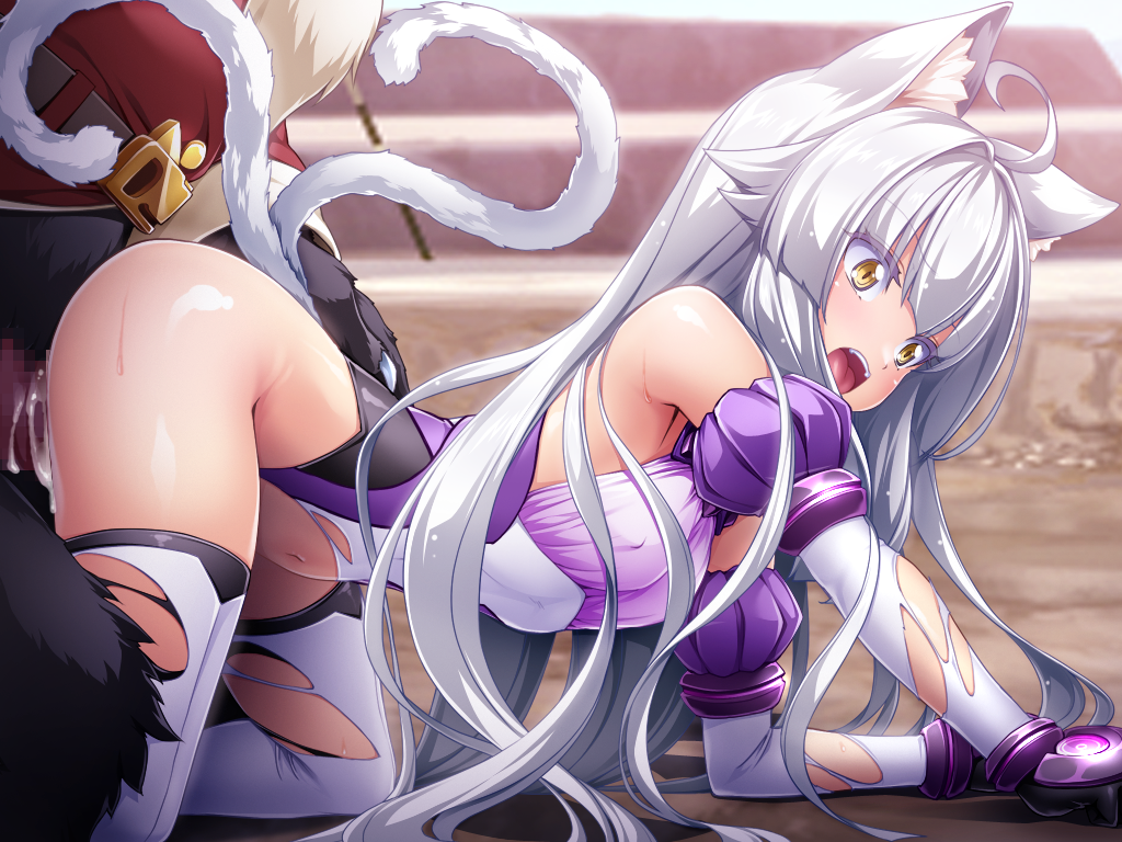 1girl animal_ears animal_tail cat_ears cat_girl cat_tail cum cum_in_pussy doggystyle forced inoino kouyoku_senki_exs_tia long_hair lusterise monster open_eyes open_mouth penetration sex surprised tail thighhighs torn_clothes transformation two_tails underwear white_hair yellow-eyes