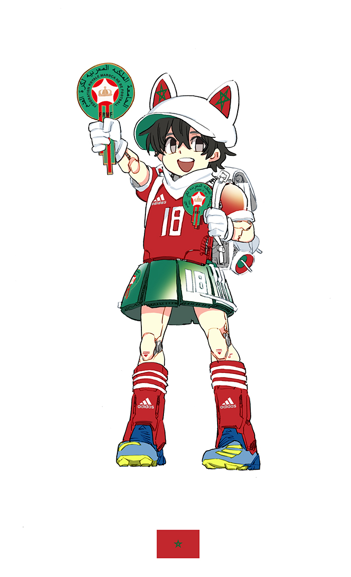 2018_fifa_world_cup :d animal_ears black_hair blue_footwear cleats daibajoujisan fake_animal_ears full_body grey_eyes hat morocco open_mouth red_legwear robot_joints shin_guards simple_background smile soccer solo white_background world_cup