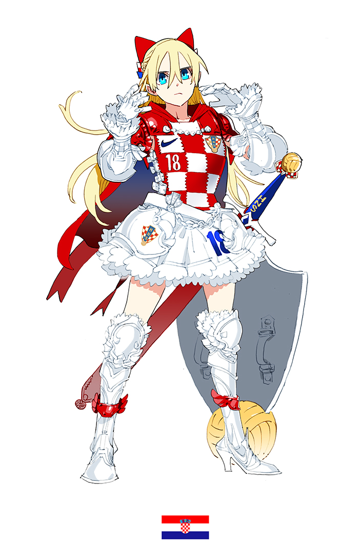 2018_fifa_world_cup armor armored_boots armored_dress blonde_hair boots croatia croatian_flag daibajoujisan full_body gloves hair_between_eyes high_heel_boots high_heels looking_at_viewer number shield simple_background skirt soccer solo sword weapon white_background white_gloves white_skirt world_cup