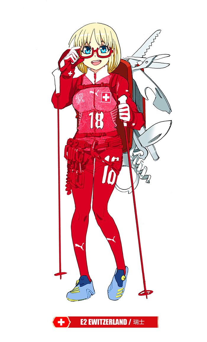 2018_fifa_world_cup :d adjusting_eyewear bangs blonde_hair blue_eyes blue_footwear bodysuit carabiner daibajoujisan full_body glasses looking_at_viewer open_mouth semi-rimless_eyewear simple_background ski_pole smile soccer solo swiss_army_knife swiss_flag switzerland under-rim_eyewear white_background world_cup