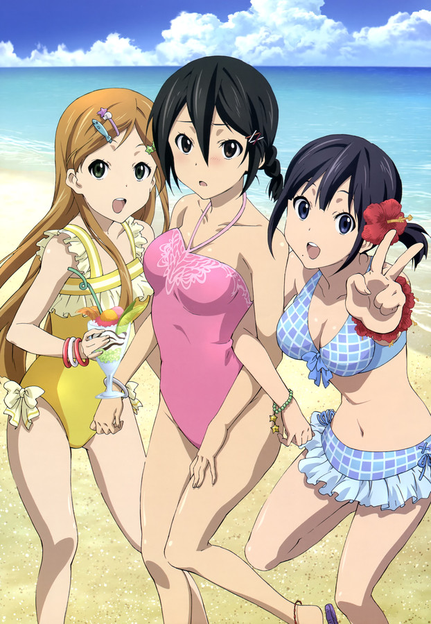 10s 3girls :d :o beach bikini black_eyes black_hair breasts brown_hair cleavage cloud day drink female green_eyes inaba_himeko kiriyama_yui kokoro_connect legs long_hair looking_at_viewer medium_breasts mole mole_under_mouth multiple_girls nagase_iori nyantype ocean official_art open_mouth outdoors sky small_breasts smile swimsuit v water