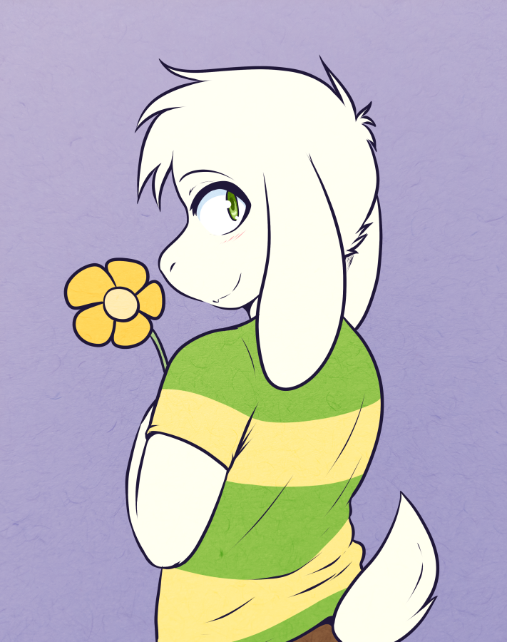 2018 anthro asriel_dreemurr blush boss_monster butt_pose caprine clothed clothing crackers flower fur green_eyes looking_at_viewer male mammal plant purple_background simple_background smile solo standing undertale video_games white_fur