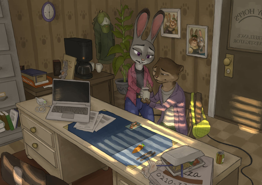 anthro axelegandersson beverage coffee computer disney female judy_hopps laptop mammal mrs._otterton mustelid office otter zootopia