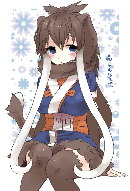 2015 absolute_territory animal_humanoid armwear belt big_breasts biped blue_background blue_eyes blush breasts brown_fur brown_hair clothed clothing digital_drawing_(artwork) digital_media_(artwork) elbow_gloves eyelashes female floppy_ears food front_view frown fur gloves hair half-closed_eyes half-length_portrait holding_food holding_object humanoid humanoid_hands japanese japanese_clothing japanese_text kemono_friends kimono legwear light_skin long_hair looking_away mammoth mammoth_humanoid neck_tuft obi pasikon pattern_background portrait prehensile_hair proboscidean proboscidean_humanoid riceball simple_background sitting socks solo tan_skin text thigh_highs thigh_socks tuft tusks white_background woolly_mammoth_(kemono_friends)