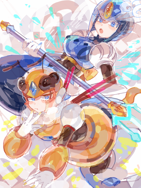 2girl android antennae blue_eyes breasts closed_mouth gloves helmet holding holding_weapon honey_woman looking_to_the_side medium_breasts open_mouth rockman rockman_(classic) rockman_8 splash_woman trident uu weapon white_gloves