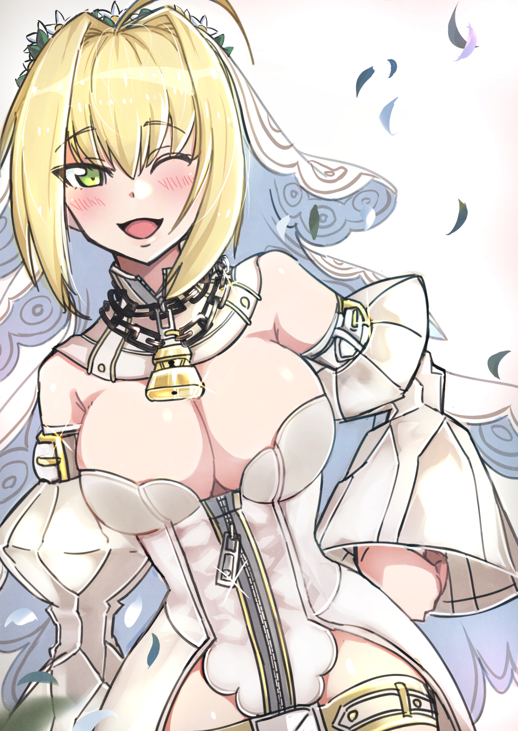 ;d ahoge arm_strap bangs bare_shoulders belt belt_buckle blonde_hair blush breasts bridal_veil buckle chain cleavage commentary_request cowboy_shot detached_collar detached_sleeves dutch_angle eyebrows_visible_through_hair fate/grand_order fate_(series) feathers flower flower_wreath full-length_zipper glint green_eyes hair_between_eyes hair_flower hair_intakes hair_ornament hand_on_hip happy head_wreath highres hips large_breasts leaf leotard lock looking_at_viewer loose_belt nero_claudius_(bride)_(fate) nero_claudius_(fate) nero_claudius_(fate)_(all) one_eye_closed open_mouth padlock partially_unzipped puffy_detached_sleeves puffy_sleeves saku_(saku1151) sidelocks simple_background smile solo standing strapless strapless_leotard turtleneck unzipped veil waist_cape white_background white_flower white_leotard white_sleeves wide_sleeves wreath zipper zipper_pull_tab