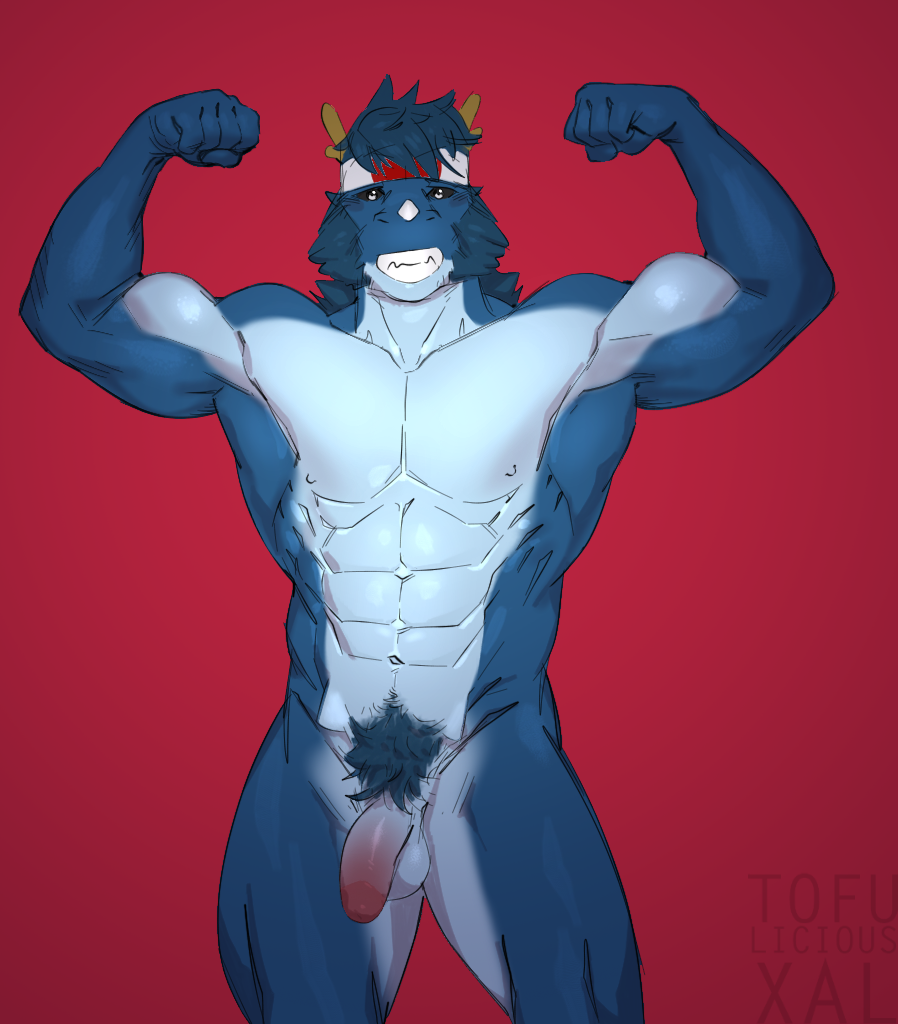 abs anthro antlers balls biceps blue_hair blue_skin dragon facial_hair fist flaccid flexing hair half_portrait headband horn humanoid_penis male muscular muscular_male nipples nude open_mouth pecs penis pose pubes red_background ryu_(blackclown00) sideburns simple_background smile solo standing teeth tofudumps