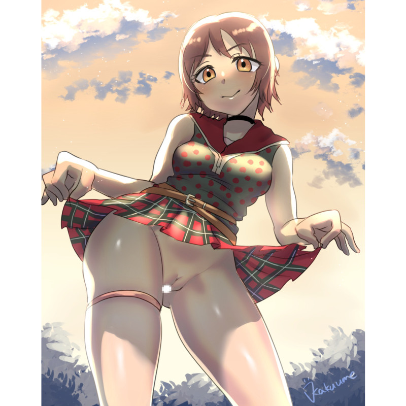 1girl artist_name bangs bare_shoulders belt black_choker blush breasts brown_hair censored choker cloud eyebrows_visible_through_hair female final_fantasy final_fantasy_xv from_below iris_amicitia kakuume lifted_by_self looking_at_viewer medium_breasts no_panties orange_eyes orange_sky outdoors pillarboxed plaid plaid_skirt pleated_skirt polka-dot polka-dot_shirt presenting pussy red_skirt shiny shiny_hair shiny_skin shirt short_hair signature skindentation skirt skirt_lift sky sleeveless sleeveless_shirt smile solo standing thigh_band