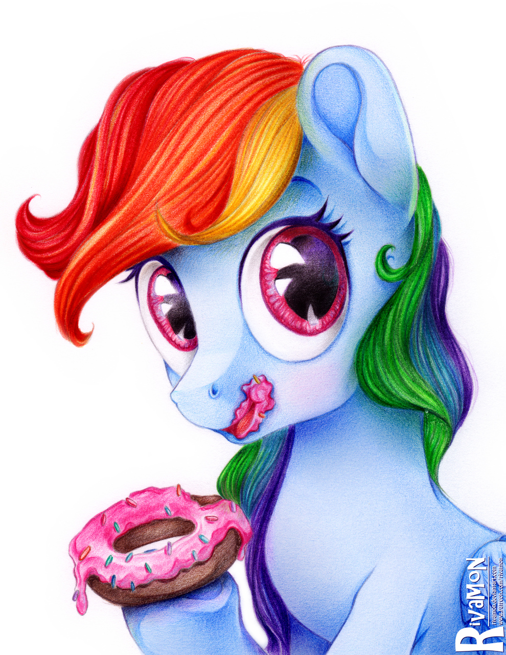 2016 bite blue_feathers blush bust_portrait colored_pencil cute dessert doughnut eating equine eyelashes feathered_wings feathers female feral food friendship_is_magic frosting hair holding_food holding_object hooves long_hair looking_at_viewer mammal multicolored_hair my_little_pony nude open_mouth open_smile pegasus portrait purple_eyes rainbow_dash_(mlp) rainbow_hair simple_background smile solo sprinkles text tongue traditional_media_(artwork) url vird-gi white_background wings