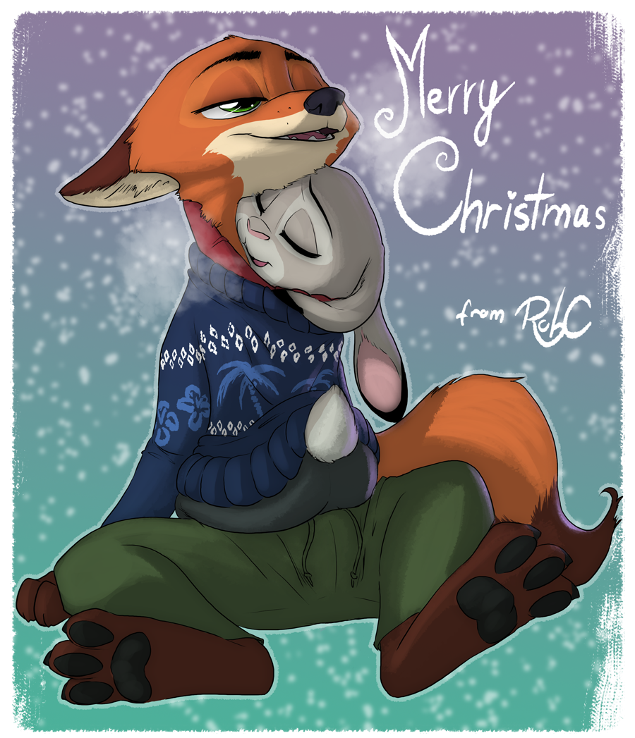 2018 anthro breath bulge butt canine clothed clothing dipstick_ears dipstick_tail disney duo english_text female fox green_eyes hug judy_hopps lagomorph male male/female mammal multicolored_tail nick_wilde on_lap pawpads rabbit robcivecat shared_clothing sitting sitting_on_lap snow sweater text zootopia