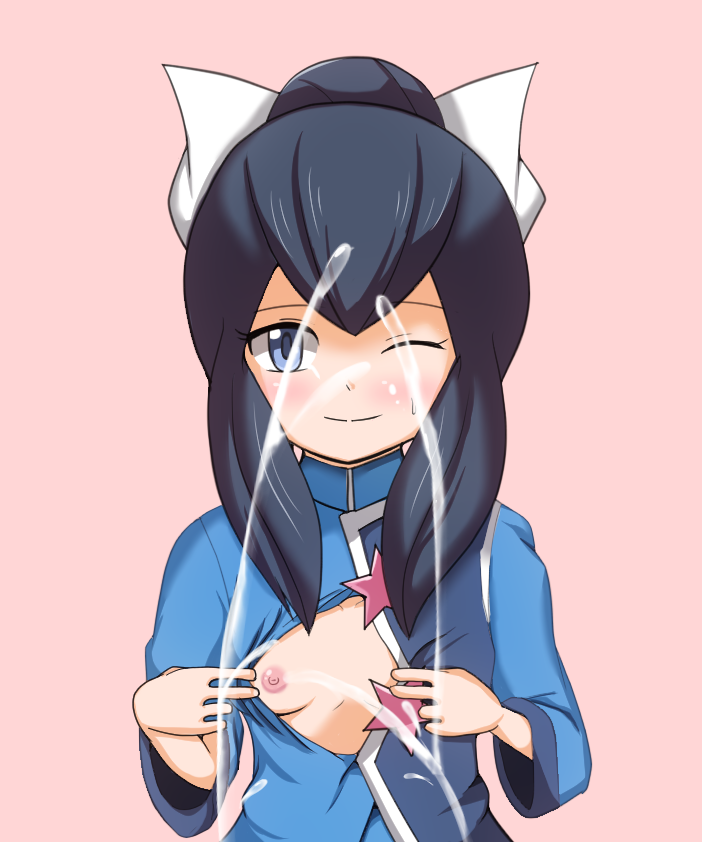 1girl bangs black_hair blue_eyes blue_shirt blush breasts cum ejaculation female flashing hair_bun hair_ornament hair_ribbon hands_up kaimu_(qewcon) long_sleeves looking_at_viewer nipples no_bra one_eye_closed open_clothes orgasm pink_background pokemon pokemon_(game) pokemon_oras ran_(pokemon) ribbon shiny shiny_hair shirt simple_background small_breasts smile solo standing textless tied_hair upper_body white_ribbon