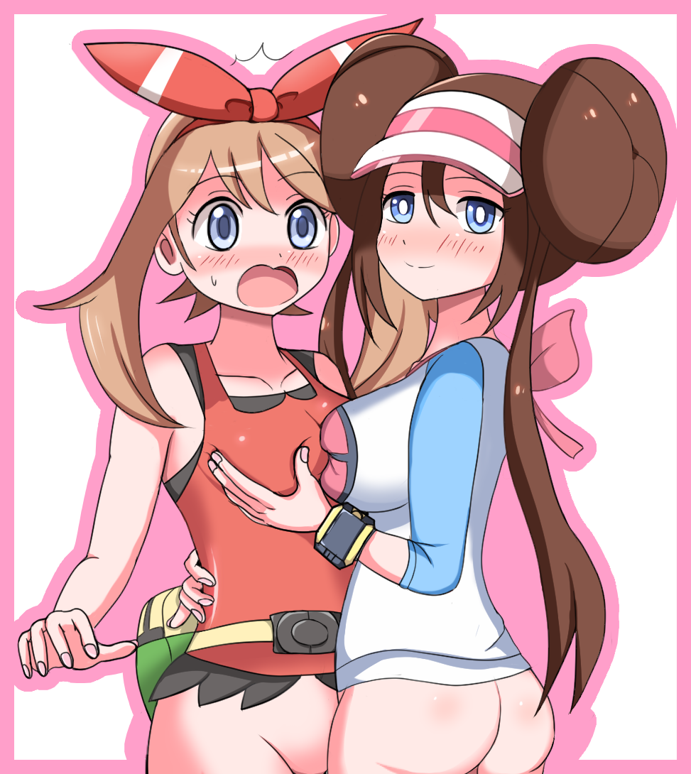 2girls arm_around_waist ass asymmetrical_docking bag bare_shoulders blue_eyes blush border bottomless breast_grab breast_press breasts brown_hair collarbone embarrassed eyebrows_visible_through_hair fanny_pack female from_behind grabbing hairband hand_up haruka_(pokemon) haruka_(pokemon_oras) hat hug kaimu_(qewcon) large_breasts long_hair long_sleeves looking_at_another looking_at_viewer looking_back medium_breasts mei_(pokemon) multiple_girls nose_blush open_mouth out-of-frame_censoring outline outside_border pink_border pink_hair poke_ball_theme pokemon pokemon_(game) pokemon_bw2 pokemon_oras red_hairband red_shirt shiny shiny_hair shirt simple_background sleeveless sleeveless_shirt smile standing surprised sweat tied_hair twin_buns twintails visor_cap watch white_background white_shirt wristwatch yuri