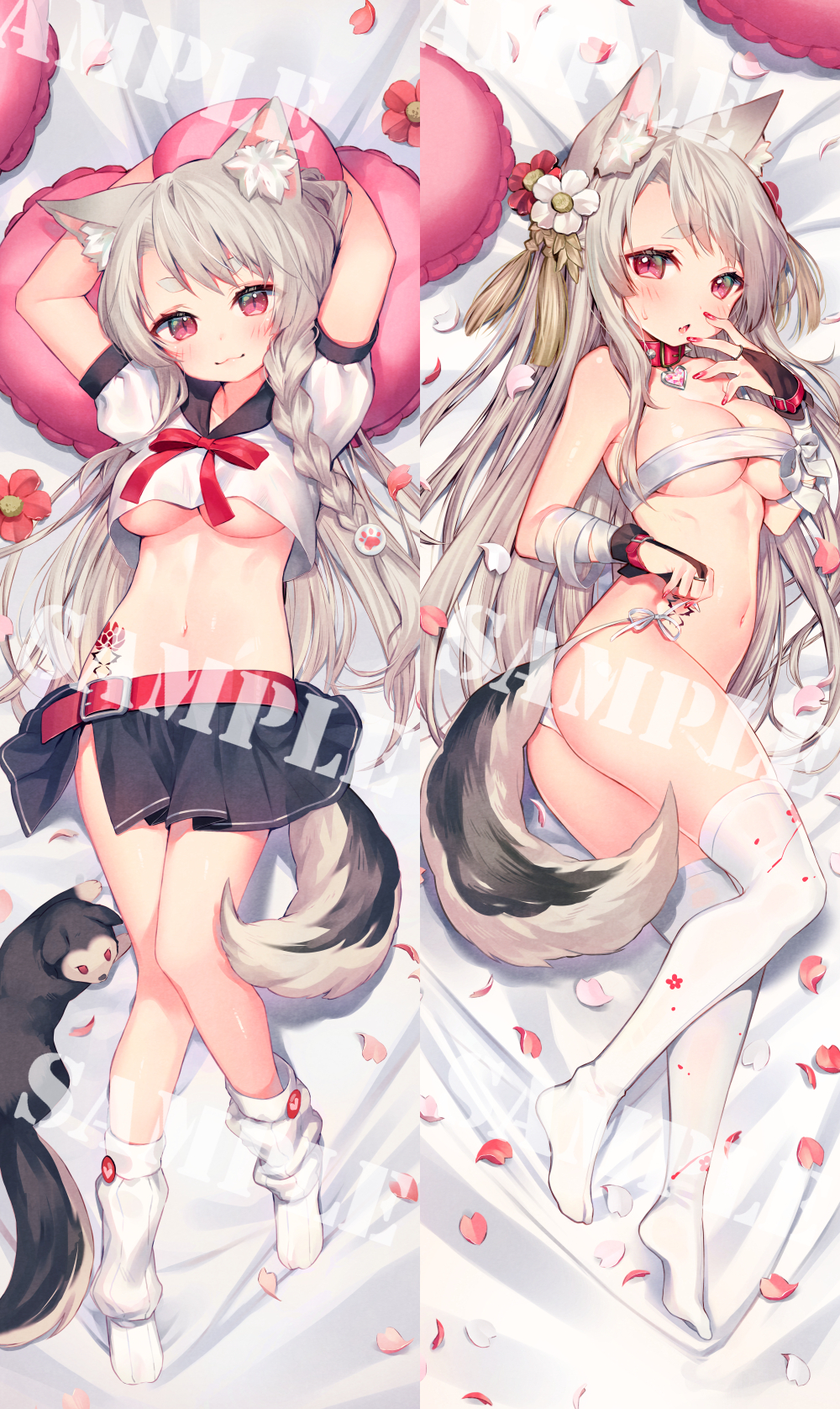 :3 animal_ear_fluff animal_ears arms_behind_head arms_up ass azur_lane bangs bed_sheet belt belt_buckle black_skirt breasts buckle budget_sarashi cleavage closed_mouth commentary_request crop_top crop_top_overhang dakimakura eyebrows_visible_through_hair fang fingernails flower grey_hair hair_flower hair_ornament head_tilt highres long_fingernails long_hair looking_at_viewer loose_socks lying medium_breasts midriff multiple_views navel no_shoes on_back on_side panties parted_lips petals pillow pleated_skirt puffy_short_sleeves puffy_sleeves red_belt red_eyes red_flower sample sarashi school_uniform serafuku shirako_sei shirt short_sleeves side-tie_panties skirt smile tail thick_eyebrows thighhighs underwear very_long_hair white_flower white_legwear white_panties white_shirt wolf_ears wolf_girl wolf_tail yuudachi_(azur_lane)