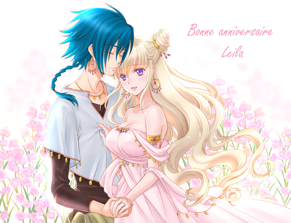 armlet black_shirt blonde_hair blue_hair braid breasts character_name closed_eyes code_geass code_geass:_boukoku_no_akito cola collarbone couple dress earrings eyebrows_visible_through_hair floating_hair flower french hair_between_eyes hair_bun hair_ornament happy_birthday holding_hand hyuuga_akito jewelry komaichi large_breasts leila_(code_geass) long_hair necklace open_mouth pink_dress pink_flower ponytail purple_eyes ranguage ring shiny shiny_skin shirt single_braid sleeveless sleeveless_dress smile standing very_long_hair wedding_ring white_background