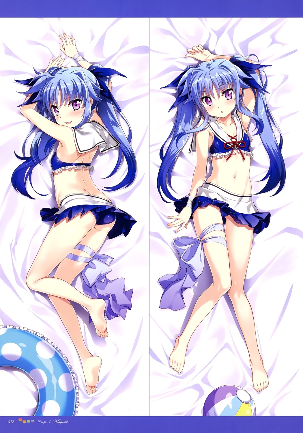1girl :d :o arm_ribbon arm_up ass ball barefoot beachball bed_sheet bikini bikini_skirt blue_bikini blue_innertube blue_ribbon blue_skirt blush breasts butt_crack collarbone english fang frilled_bikini_top fujima_takuya gluteal_fold hair_ribbon highres image_sample knees_together_feet_apart lavender_eyes leg_ribbon light_blue_hair looking_at_viewer lying lyrical_nanoha mahou_shoujo_lyrical_nanoha mahou_shoujo_lyrical_nanoha_a's mahou_shoujo_lyrical_nanoha_a's_portable:_the_gears_of_destiny mahou_shoujo_lyrical_nanoha_the_movie_3rd:_reflection material-l multiple_views navel official_art open_mouth page_number pleated_skirt polka_dot_innertube ribbon sailor_collar scan shoulder_blades skindentation skirt small small_breasts smile swimsuit white_bed_sheet white_frills white_polka_dots white_sailor_collar yandere_sample