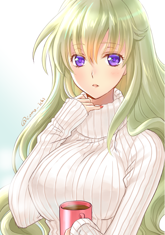 blonde_hair breasts code_geass code_geass:_boukoku_no_akito coffee cup eyebrows_visible_through_hair hair_between_eyes holding holding_cup huge_breasts komaichi leila_(code_geass) long_hair looking_at_viewer nail_polish parted_lips purple_eyes red_nails ribbed_sweater shiny shiny_hair solo steam sweater upper_body very_long_hair white_sweater