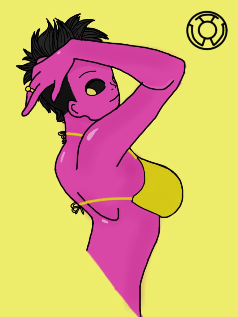 alien big_breasts bikini black_hair breasts clothing crossgender cute cynicalbalrog1234 dc_comics digital_media_(artwork) female hair humanoid jewelry not_furry pink_skin power_ring simple_background sinestro solo swimsuit yellow_eyes yellow_lantern